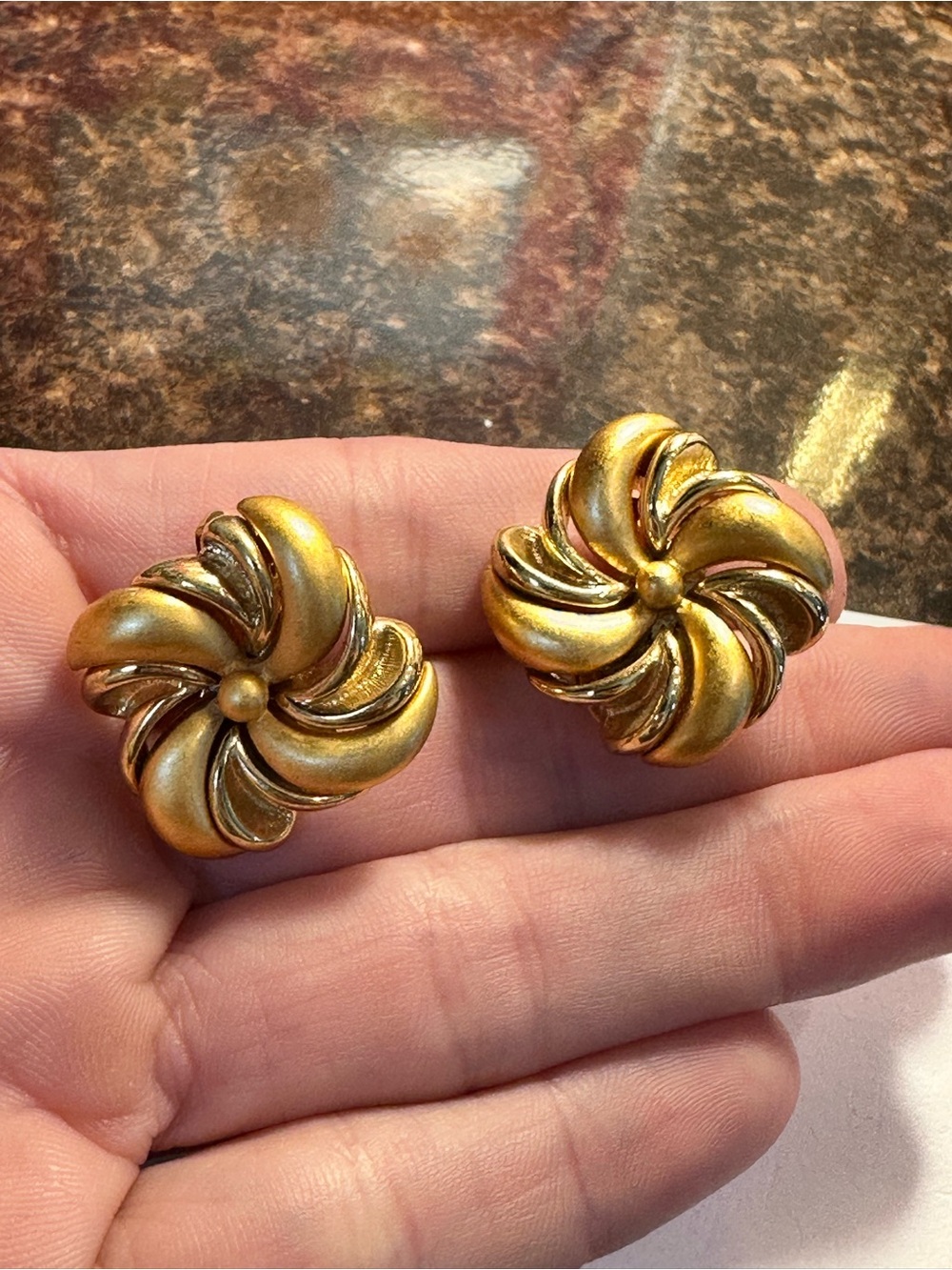Vintage Monet Gold Tone Swirl Clip-On Earrings Signed Designer Statement Earring